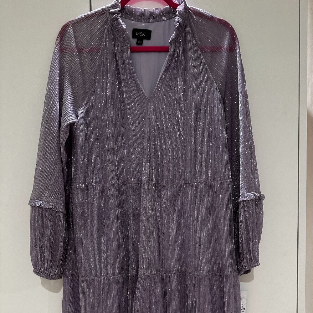 NWT MSK Womens Lavender Sheer Blouson Sleeve V-Neck Babydoll Dress Size L